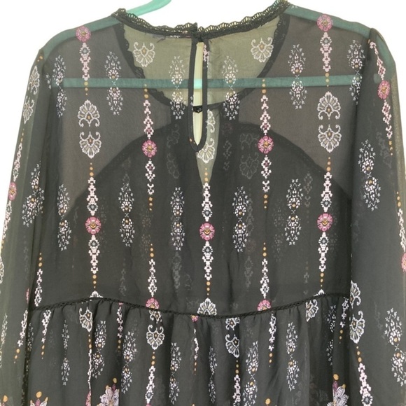 Knox Rose Boho Fairycore Goth Velvet Detail Peasant Blouse Black Pink Sheer Sz L - Picture 7 of 13